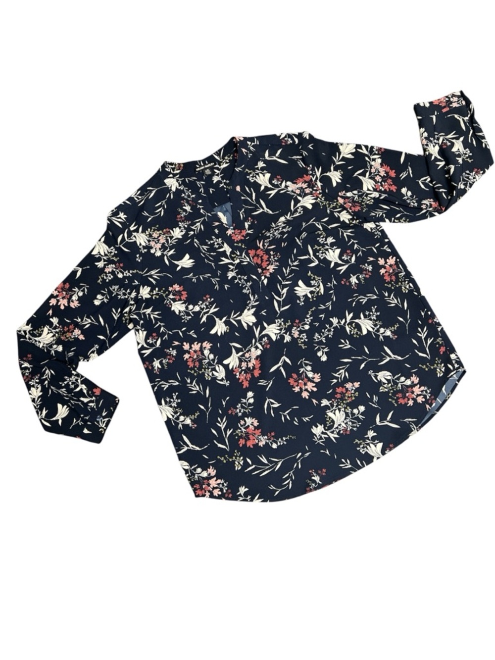 Hilary Radley Navy Floral V neck Blouse Botanical Print Ladies size L